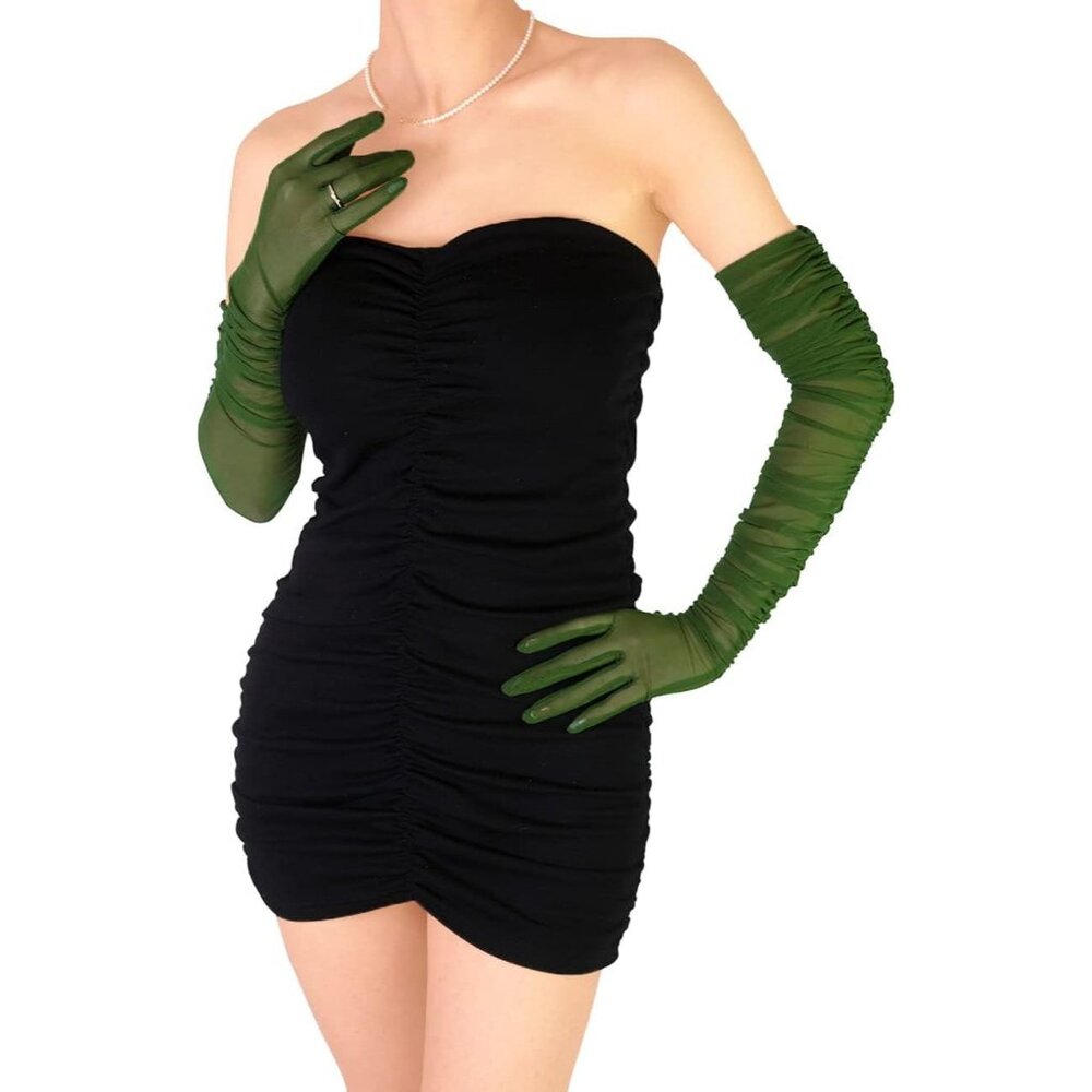 Women's Dark Green Sexy Tulle Sheer Mesh Long Gloves Opera Party Prom Costume - Picture 2 of 6